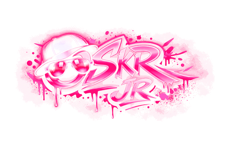 Logo de Oskr Jr: grafiti neón rosa con gorra negra y lentes de aviador